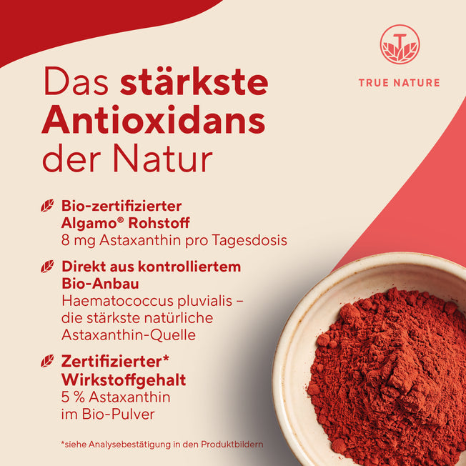 Bio Astaxanthin Kapseln Gesundheit & Schönheit > Vitamine & Nahrungsergänzungsmittel > Pflanzliche & Algenpräparate > Carotinoide > Astaxanthin Nahrungsergänzungsmittel > Bio Astaxanthin Kapseln True Nature