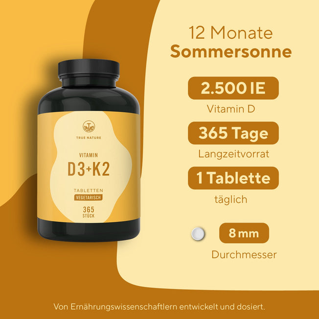 Vitamin D3 + K2 Tabletten Gesundheit > Vitamine & Nahrungsergänzungsmittel > Vitalität & Immunsystem > Vitamine > Vitamin D Nahrungsergänzungsmittel > Vitamin D3 + K2 Tabletten True Nature