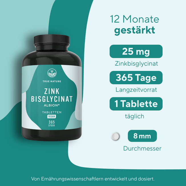 Zink Bisglycinat Tabletten Gesundheit & Schönheit > Vitamine & Nahrungsergänzungsmittel > Vitalität & Immunsystem > Immununterstützung > Hoch bioverfügbare Mineralstoffe > Zink Bisglycinat Tabletten True Nature