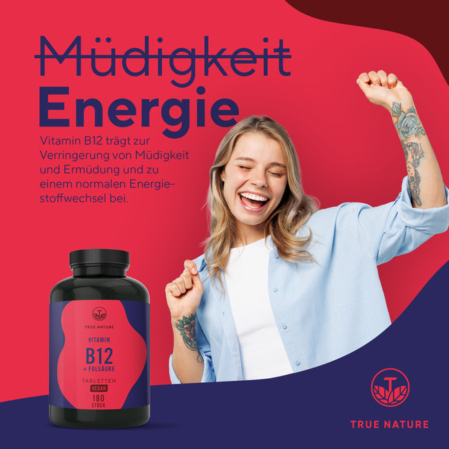 Vitamin B12 & Folat Tabletten Gesundheit > Vitamine & Nahrungsergänzungsmittel > Vitamine > Spezielle Vitamine für Veganer > Vitamin B12 + Folat Tabletten True Nature